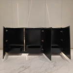 Matte Black Sideboard with Six-Panel Front, Stainless Steel Accents Three Drawers and Interior Shelves
